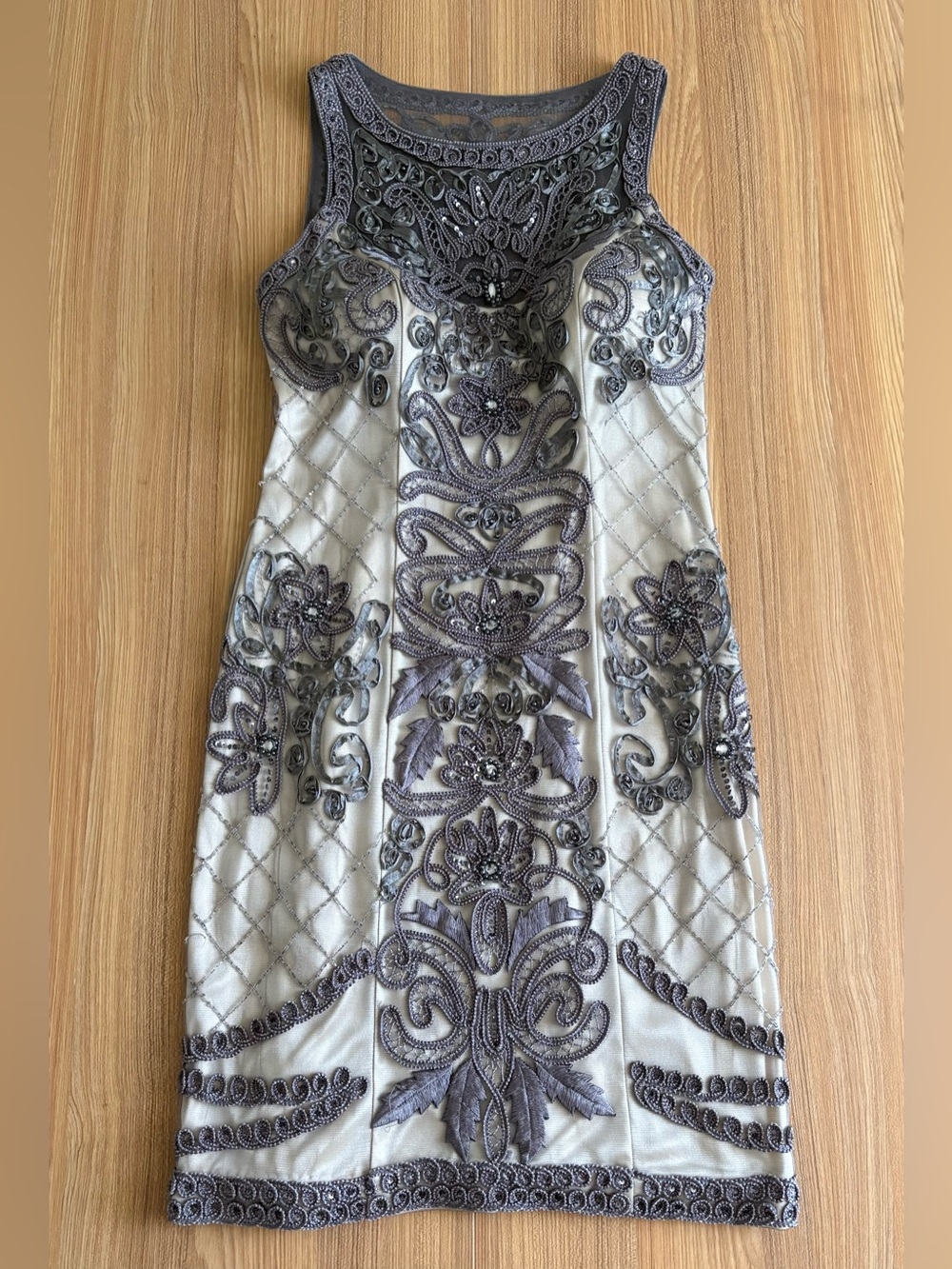 Sue Wong Nocturne Embellished Dress 10 Gray Nude Soutache Bridal Cocktail *read